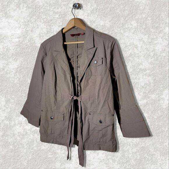 G.I.L.I Tan Long Sleeve Ruched Untility Jacket w/ Tie Closure - Picture 4 of 6